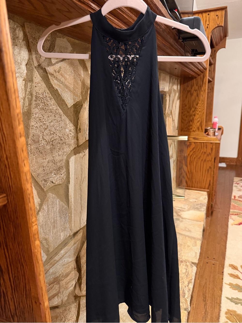 Francesca's Collections Black High-Neck Halter Dress with Lace Inset